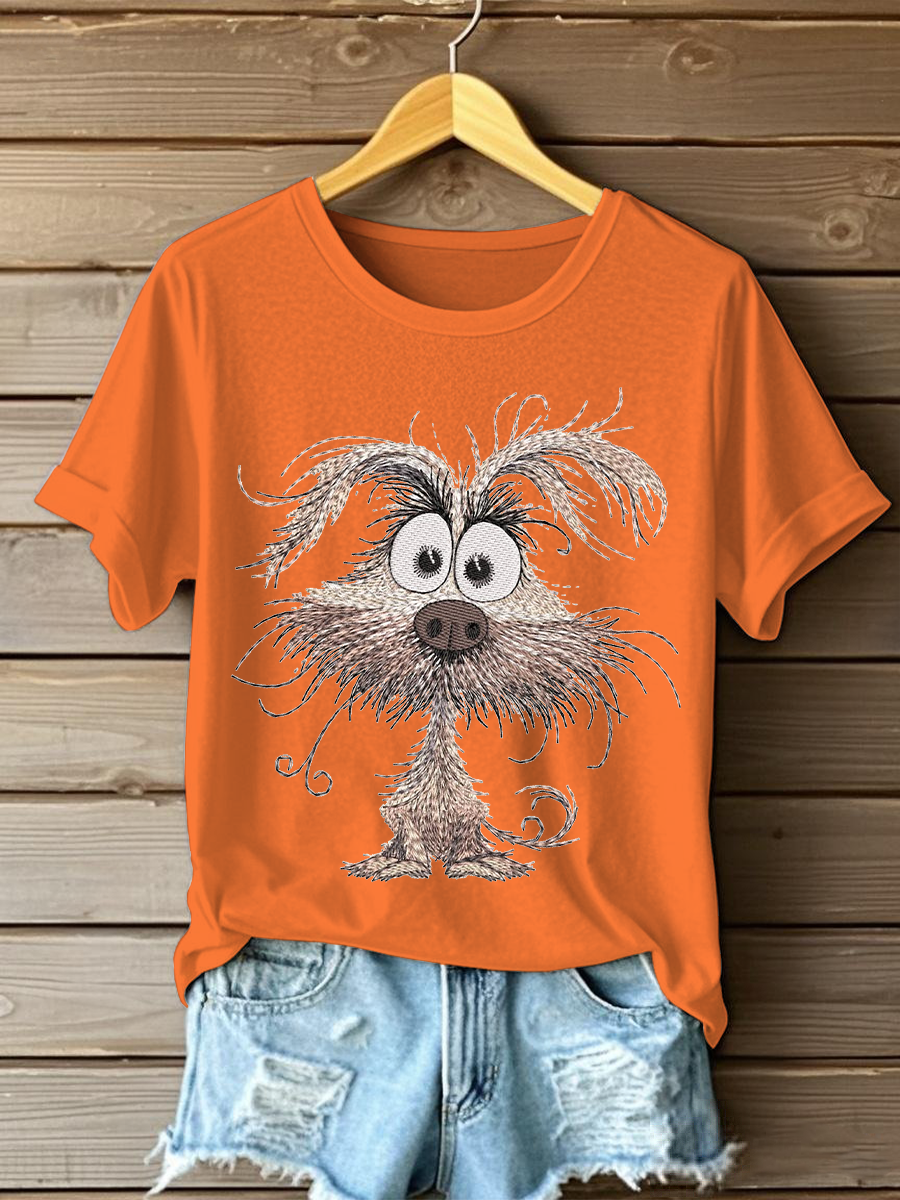 Women's Dog Embroidery Printed Casual T-Shirt