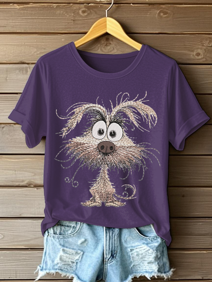 Women's Dog Embroidery Printed Casual T-Shirt