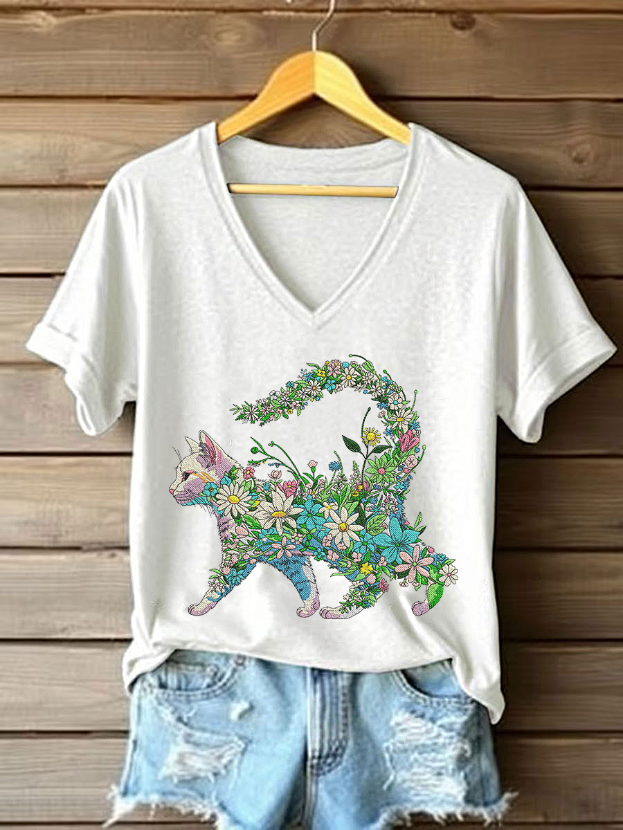 Women's Floral Cat Embroidery Casual T-Shirt
