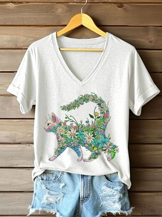 Women's Floral Cat Embroidery Casual T-Shirt