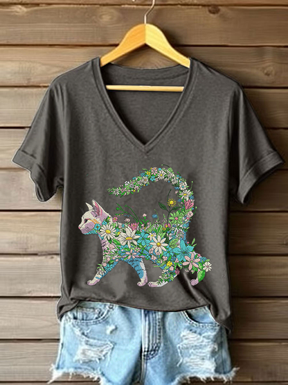 Women's Floral Cat Embroidery Casual T-Shirt
