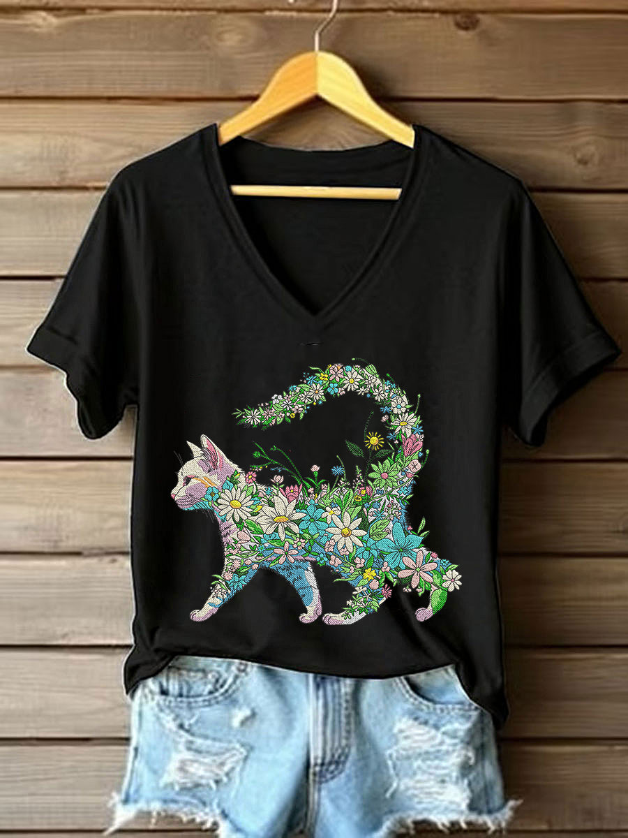 Women's Floral Cat Embroidery Casual T-Shirt