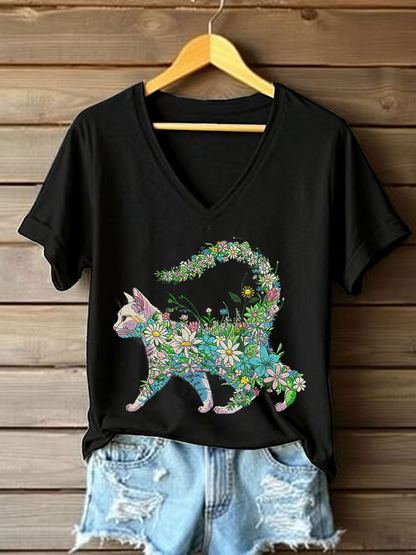 Women's Floral Cat Embroidery Casual T-Shirt