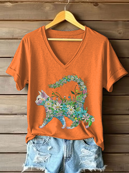 Women's Floral Cat Embroidery Casual T-Shirt