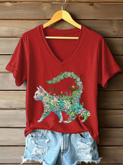 Women's Floral Cat Embroidery Casual T-Shirt