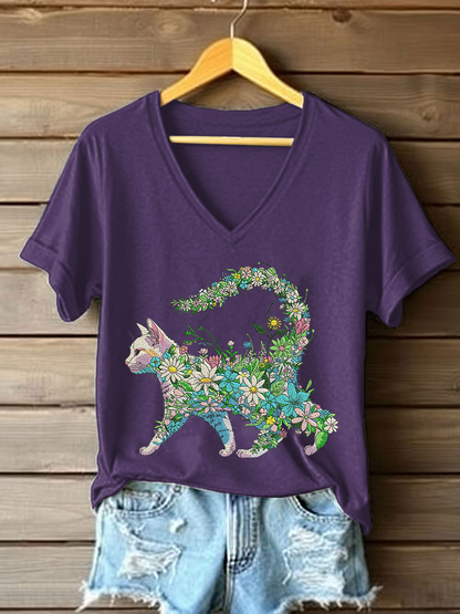Women's Floral Cat Embroidery Casual T-Shirt