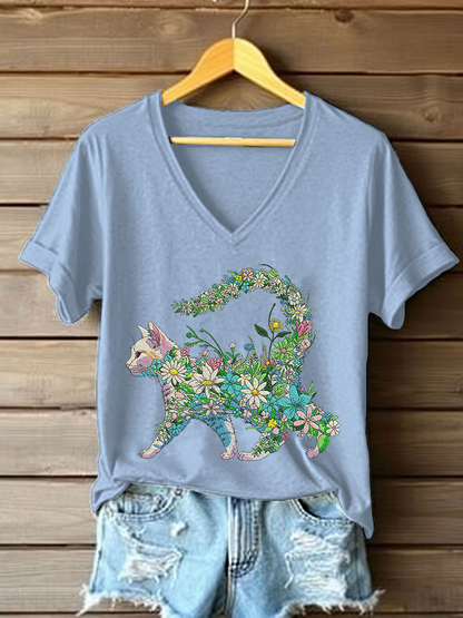 Women's Floral Cat Embroidery Casual T-Shirt