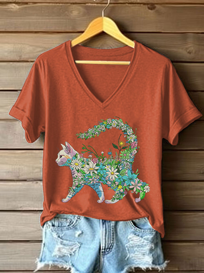 Women's Floral Cat Embroidery Casual T-Shirt