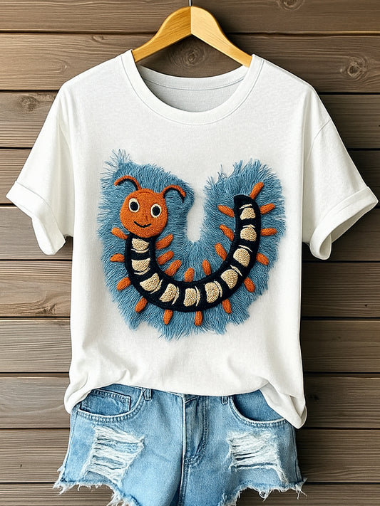 Retro Wild Scolopendra Denim Pattern Printed Vintage Round Neck Short Sleeves T-Shirt