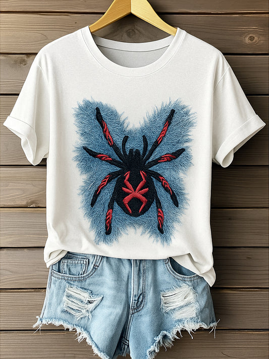 Retro Wild Spiders Denim Pattern Printed Vintage Round Neck Short Sleeves T-Shirt