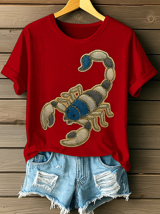 Retro Wild Scorpion Denim Pattern Printed Vintage Round Neck Short Sleeves T-Shirt