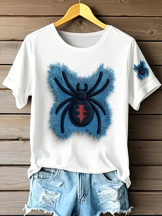 Retro Wild Spiders Denim Pattern Printed Vintage Round Neck Short Sleeves T-Shirt