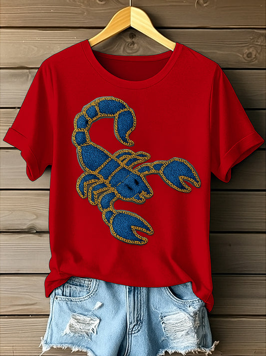 Retro Wild Scorpion Denim Pattern Printed Vintage Round Neck Short Sleeves T-Shirt