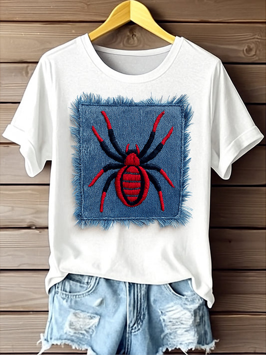 Retro Wild Spiders Denim Pattern Printed Vintage Round Neck Short Sleeves T-Shirt