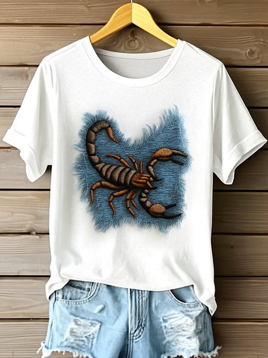Retro Wild Scorpion Denim Pattern Printed Vintage Round Neck Short Sleeves T-Shirt