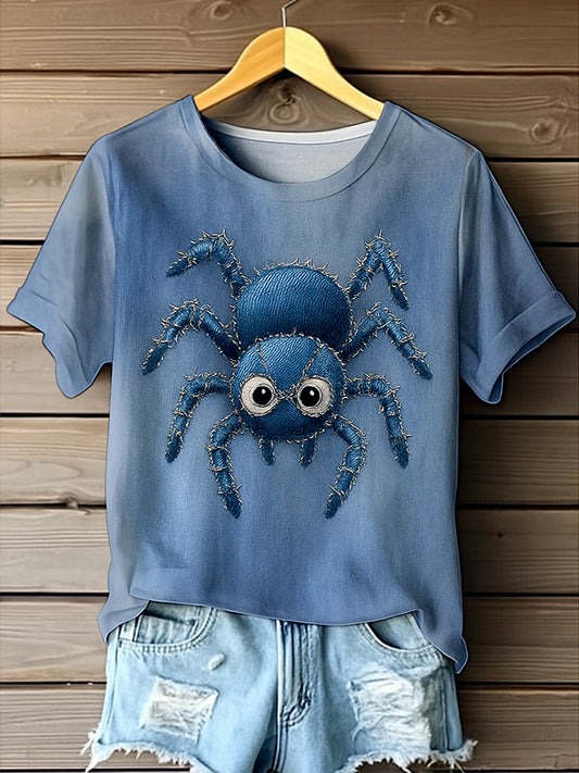 Retro Wild Spiders Denim Pattern Printed Vintage Round Neck Short Sleeves T-Shirt