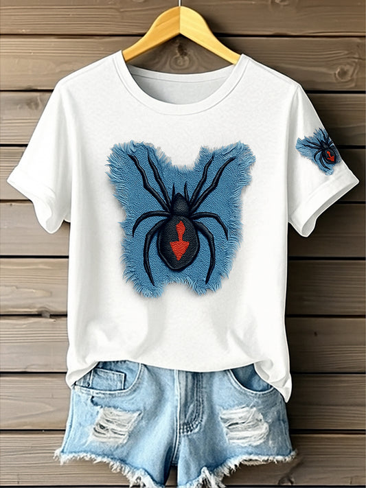 Retro Wild Spiders Denim Pattern Printed Vintage Round Neck Short Sleeves T-Shirt