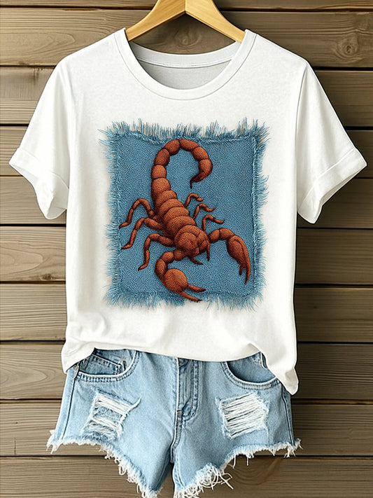 Retro Wild Scorpion Denim Pattern Printed Vintage Round Neck Short Sleeves T-Shirt
