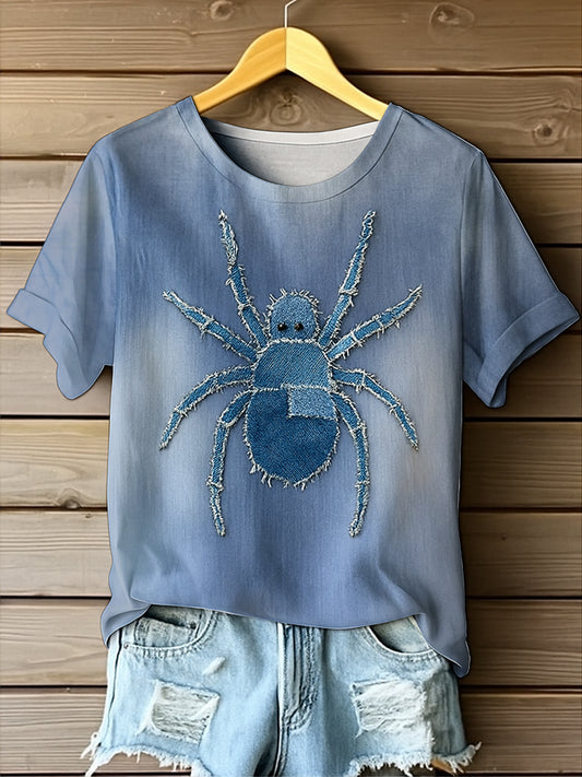 Retro Wild Spiders Denim Pattern Printed Vintage Round Neck Short Sleeves T-Shirt