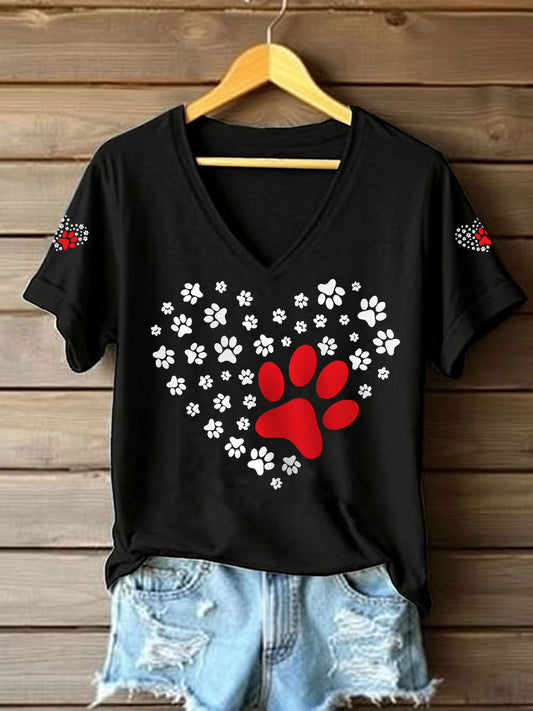 Women's Dog Paw Heart Print Dog Lovers Casual V-Neck Tee