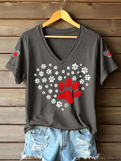 Women's Dog Paw Heart Print Dog Lovers Casual V-Neck Tee