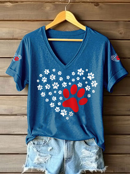 Women's Dog Paw Heart Print Dog Lovers Casual V-Neck Tee