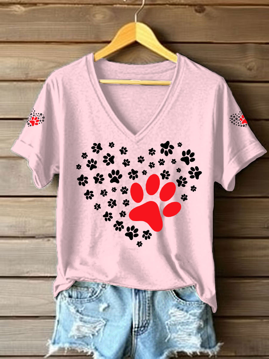 Women's Dog Paw Heart Print Dog Lovers Casual V-Neck Tee