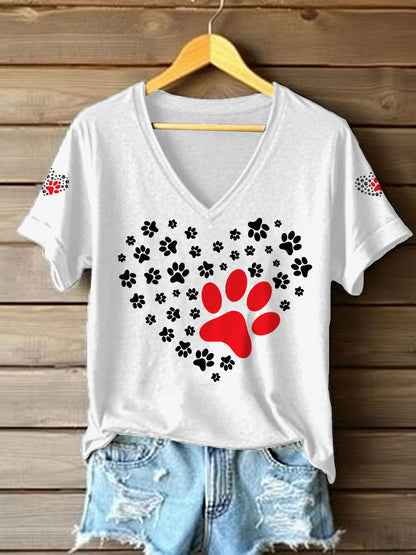 Women's Dog Paw Heart Print Dog Lovers Casual V-Neck Tee
