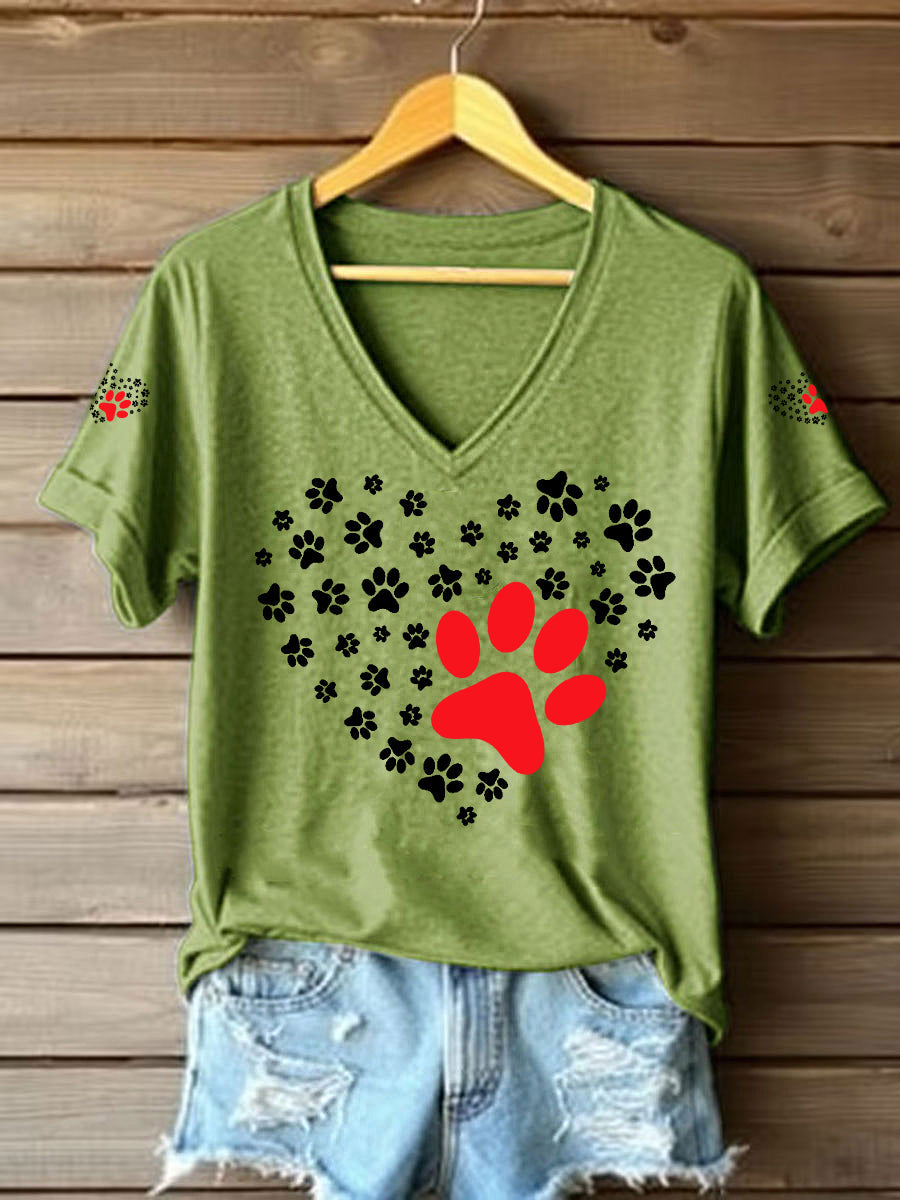Women's Dog Paw Heart Print Dog Lovers Casual V-Neck Tee