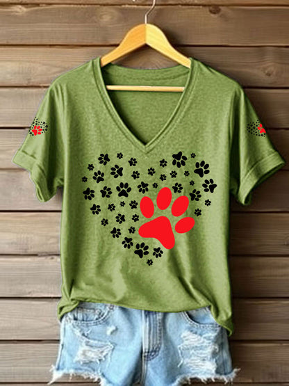 Women's Dog Paw Heart Print Dog Lovers Casual V-Neck Tee
