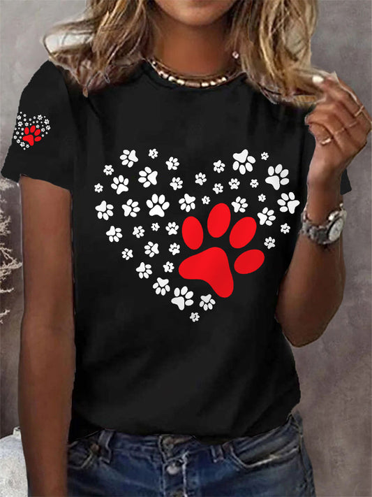 Women's Dog Paw Heart Print Dog Lovers Casual Tee
