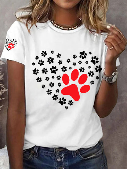 Women's Dog Paw Heart Print Dog Lovers Casual Tee