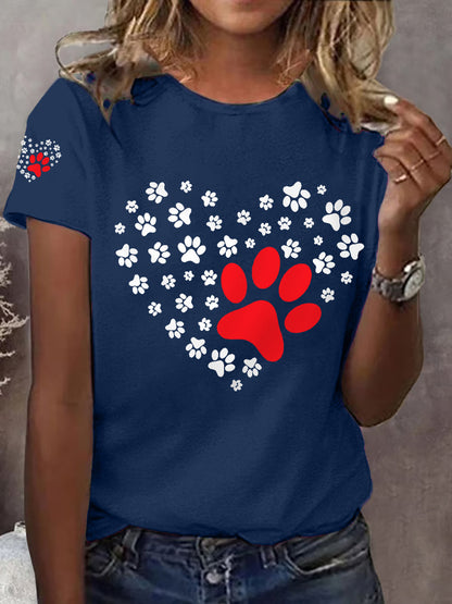 Women's Dog Paw Heart Print Dog Lovers Casual Tee