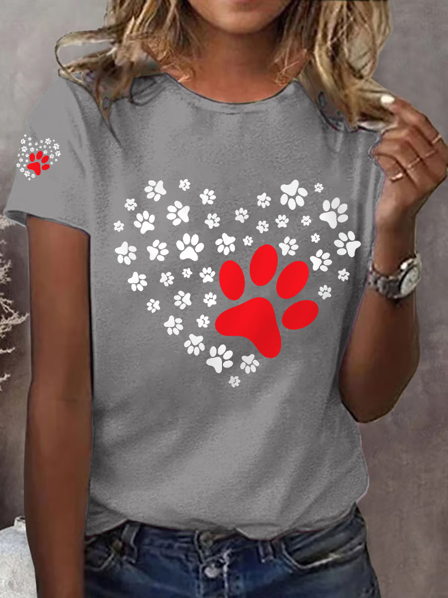 Women's Dog Paw Heart Print Dog Lovers Casual Tee