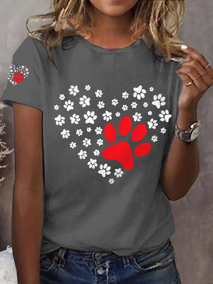 Women's Dog Paw Heart Print Dog Lovers Casual Tee