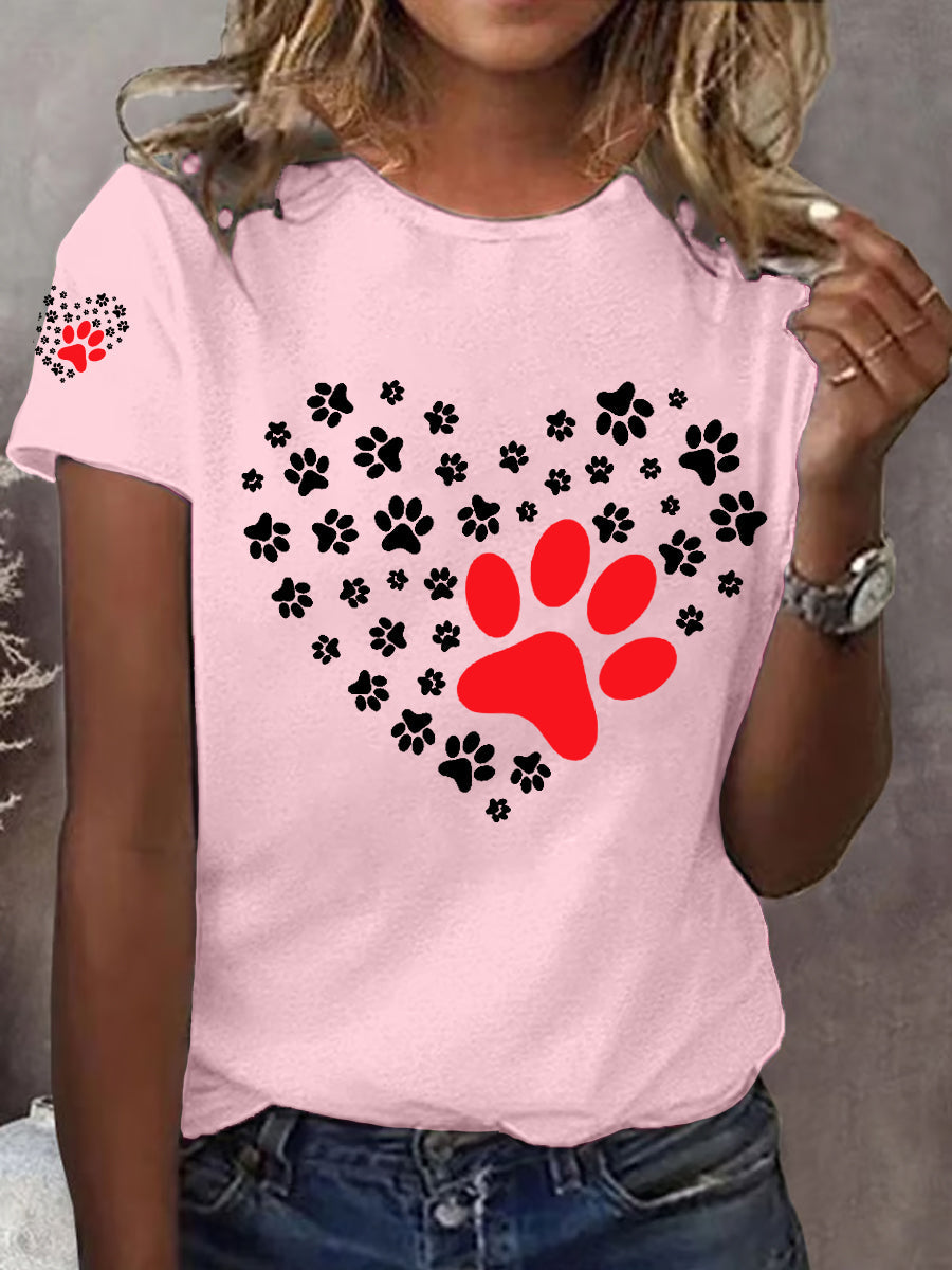 Women's Dog Paw Heart Print Dog Lovers Casual Tee