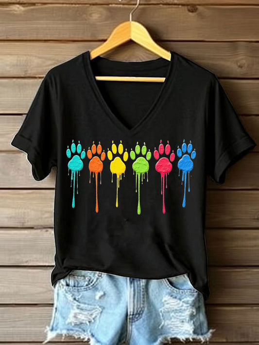 Women's Colorful Dog Paw Print Dog Lovers Casual V-Neck Tee