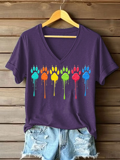 Women's Colorful Dog Paw Print Dog Lovers Casual V-Neck Tee