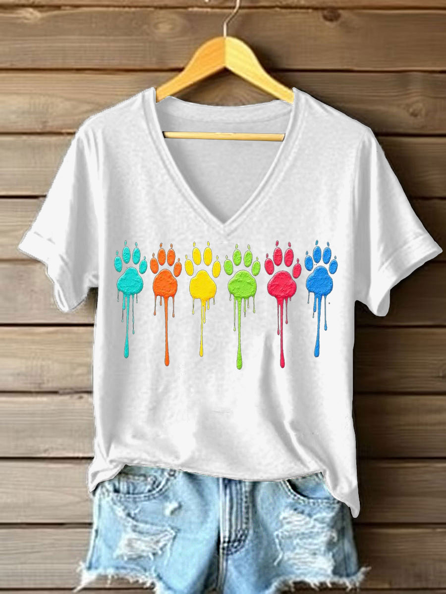 Women's Colorful Dog Paw Print Dog Lovers Casual V-Neck Tee