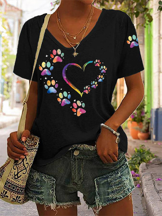 Women's Colorful Dog Paw Heart Print Dog Lover Casual V-Neck Tee