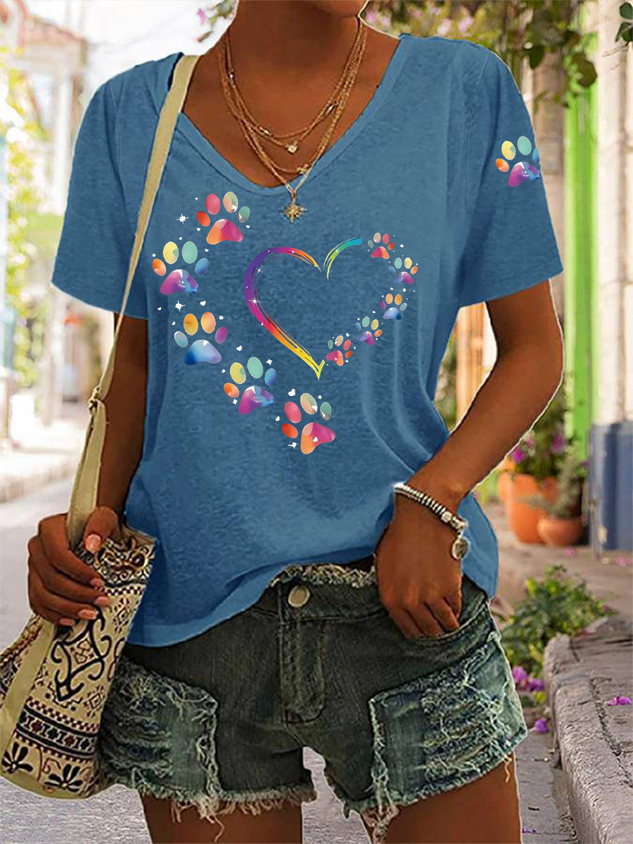 Women's Colorful Dog Paw Heart Print Dog Lover Casual V-Neck Tee