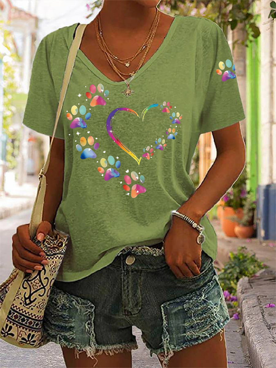 Women's Colorful Dog Paw Heart Print Dog Lover Casual V-Neck Tee