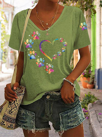 Women's Colorful Dog Paw Heart Print Dog Lover Casual V-Neck Tee