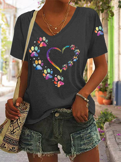 Women's Colorful Dog Paw Heart Print Dog Lover Casual V-Neck Tee