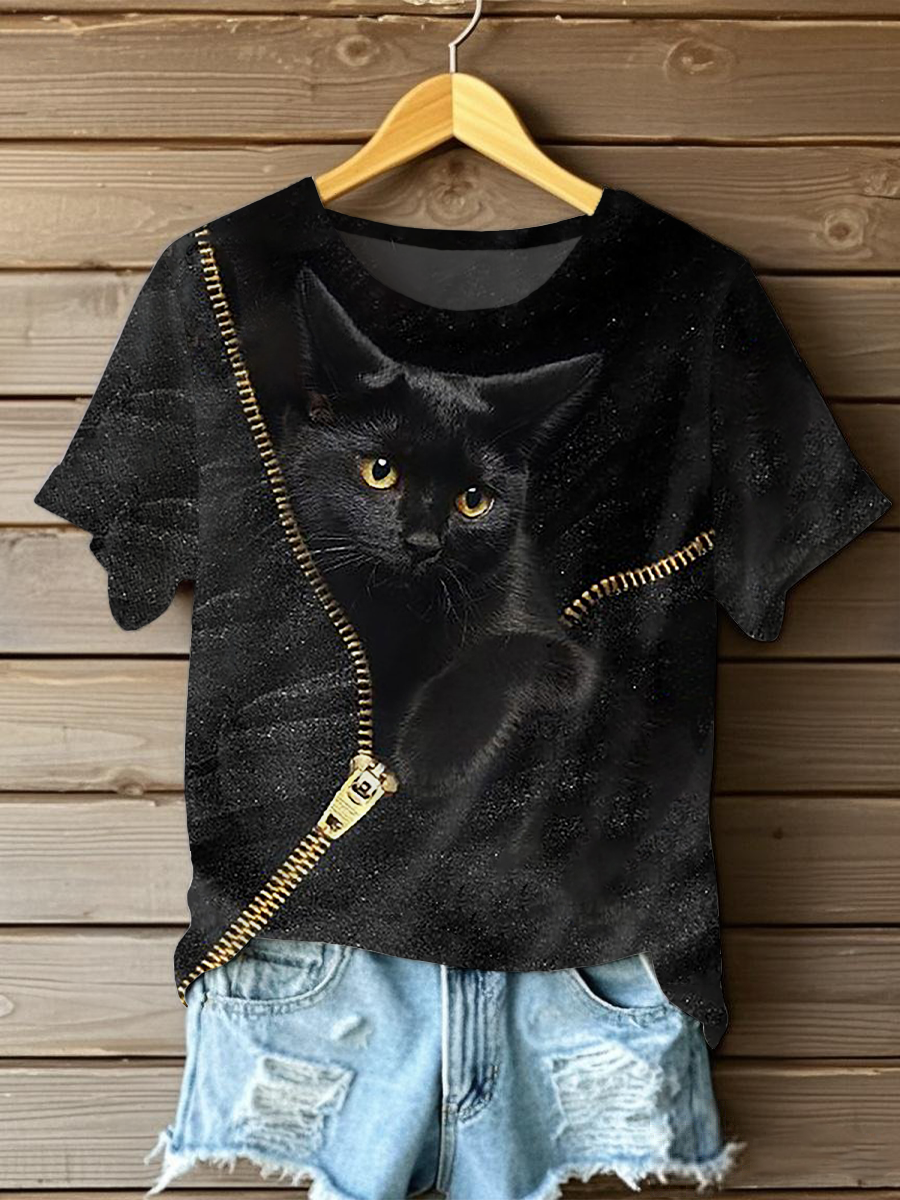 Women's Funny Cat Print T-Shirt