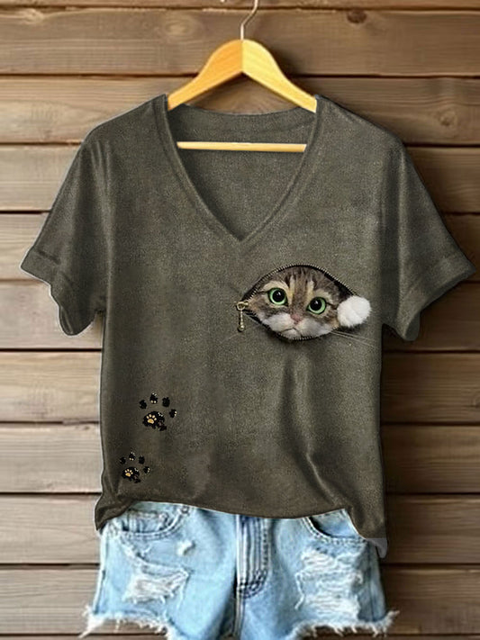 Women's Funny Cute Cat Print Short Sleeve T-Shirt