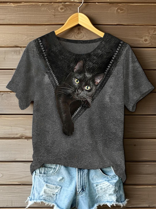 Women's Funny Cat Print T-Shirt