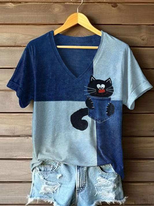 Women's Funny Cute Cat Print Short Sleeve T-Shirt