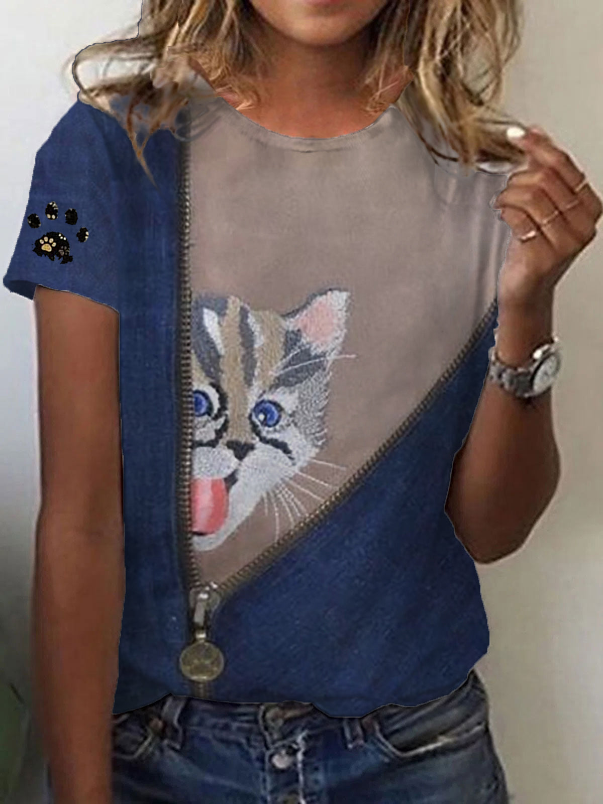 Women's Funny Cute Cat Print Short Sleeve T-Shirt
