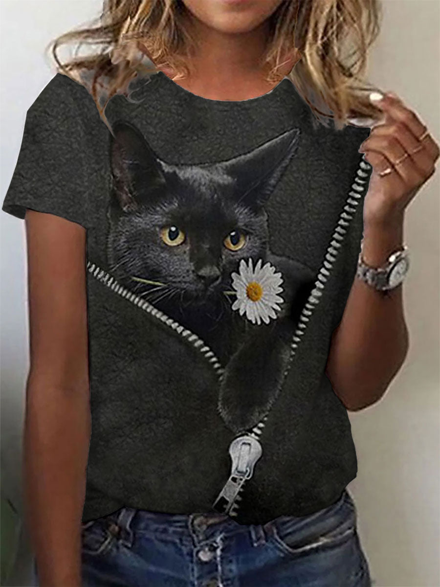 Women's Funny Cat Print T-Shirt